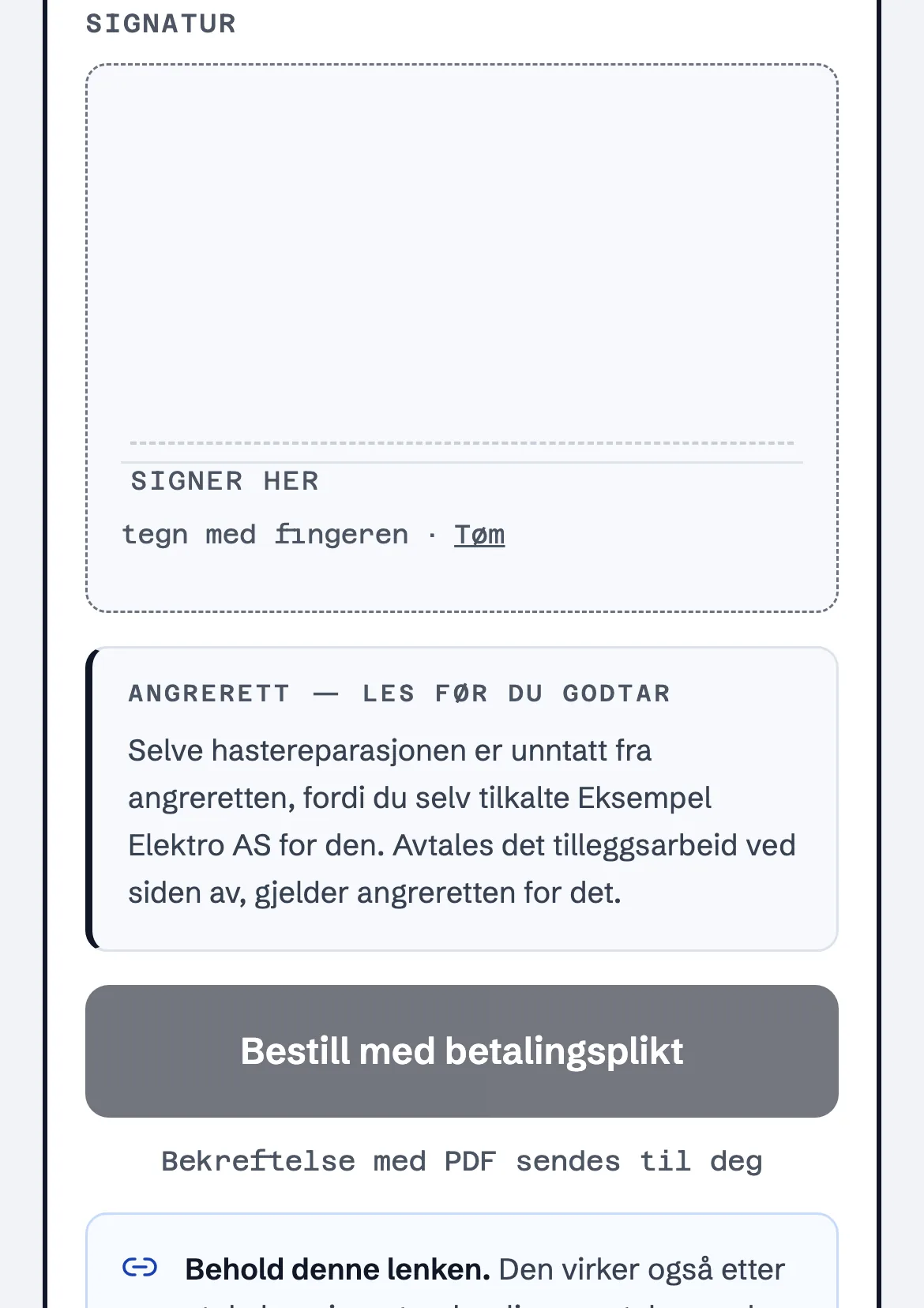 Angrerett-avsnittet slik det står i tilbudet kunden signerer på telefonen, rett over bestillingsknappen.