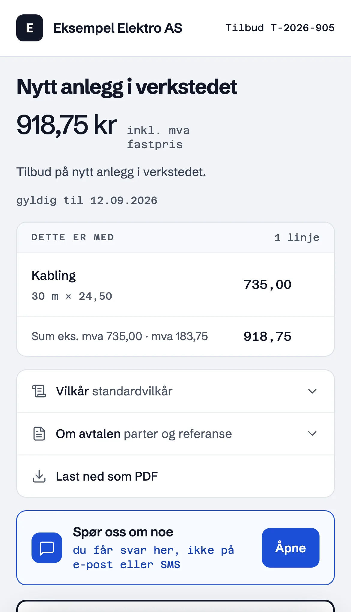 Et tilbud åpnet på telefonen: pris, linjene som er med, vilkårene og en knapp for å laste ned PDF.